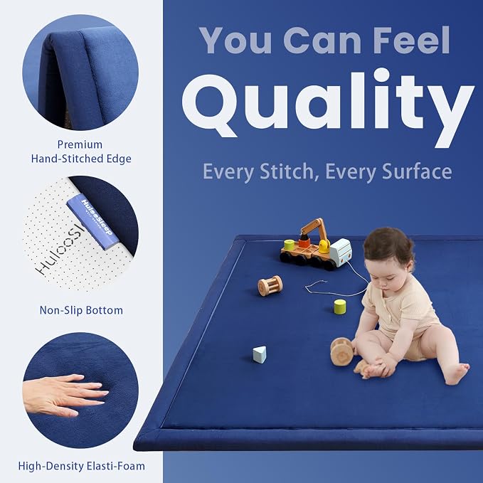 Baby Play Mat for Floor,1.3" Thick Memory Foam Tummy Time Mat,Water Repellent Soft Velvet Nursery Rug,Extra Large Non Slip for Crawling,Toddlers,Infants,Kids,Tatami Style for Living Room(Dark Blue)