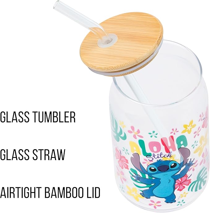 Silver Buffalo Disney Lilo and Stitch “Aloha” Tropical Hawaiian Glass Jar Tumbler with Bamboo Lid and Glass Straw, 16 Ounces