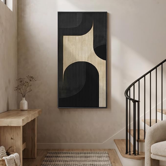Large Framed Neutral Abstract Wall Art, Black Beige Vertical Canvas Prints Paintings Artwork for Walls, Modern Minimalist Geometric Pictures Wall Decor for Hallway Living Room Bedroom Entryway 30x60