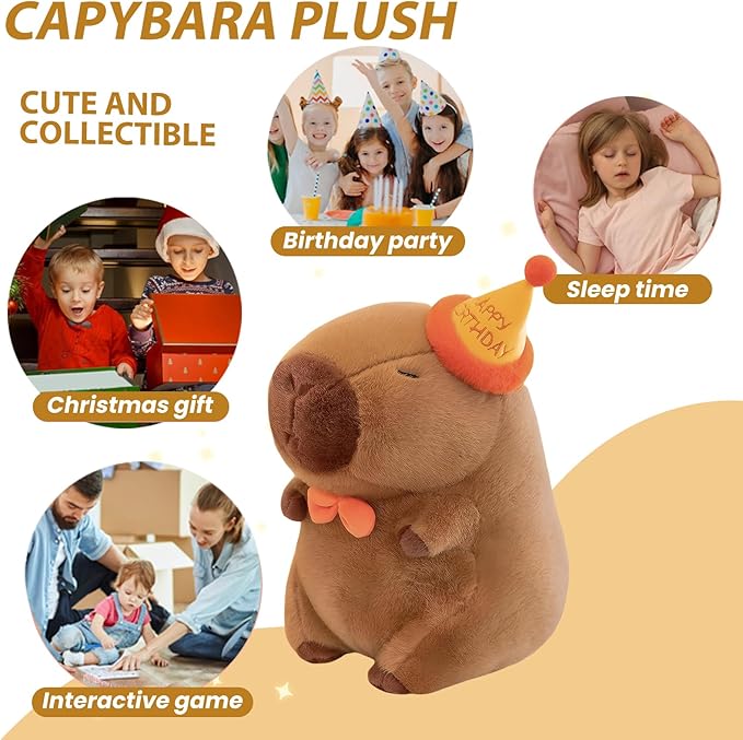 Capybara Plush - 11.8Inch Cute Capybara Stuffed Animal Toy with Birthday Cap- Adorable Soft Capibara Pillow Toy Plushies - Perfect Capybara Gifts for Adults and Kids