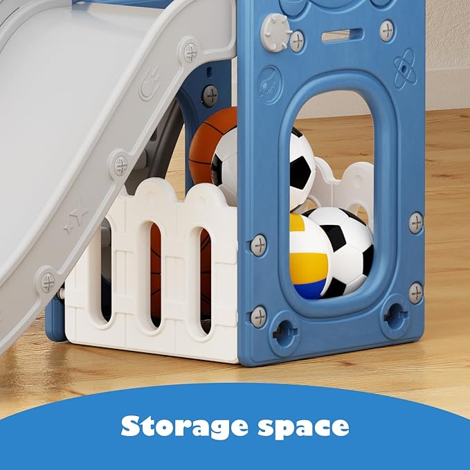 Glaf Toddler Slide 6 in 1 Outdoor Playset Indoor Playground for Kids Toddlers Age 1-3 Baby Slide with Basketball Hoop and Ball Storage Space and Telescope Freestanding Climber Slides Toys (Blue)