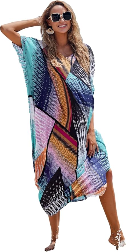 Venasha Womens Caftan Floral Print Kaftan Dress Short Sleeve Swimsuit Cover up Loungewear for Summer