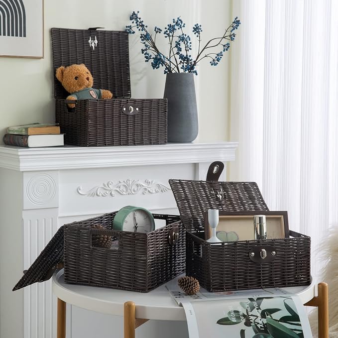 Set of 3 Woven Wicker Storage Basket Box with Lids & Lock, Built-in Carry Handles, Multifunctional Storage Organizer for Nursery, Baby, Clothes, Toys, Books, Large/Medium/Small Size (Brown)
