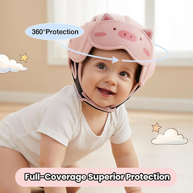 Baby Head Protector Baby Helmet for Crawling and Walking - No Bumps and Soft Safety Peak - Ultra Light and Adjustable Baby Head Protector Suitable for Babies 6-24 Months-Pink Piggy