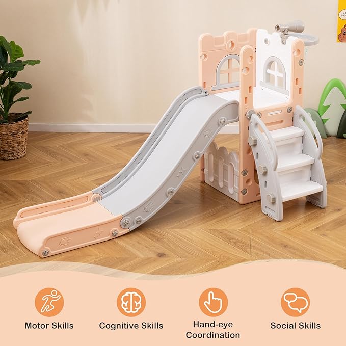 BABY JOY Toddler Slide, 6-in-1 Indoor Kids Slide Playset with Basketball Hoop, Telescope, Climbing Ladder & Storage Space, Freestanding Playhouse & Climber for Kids Aged 1-3 (Pink)