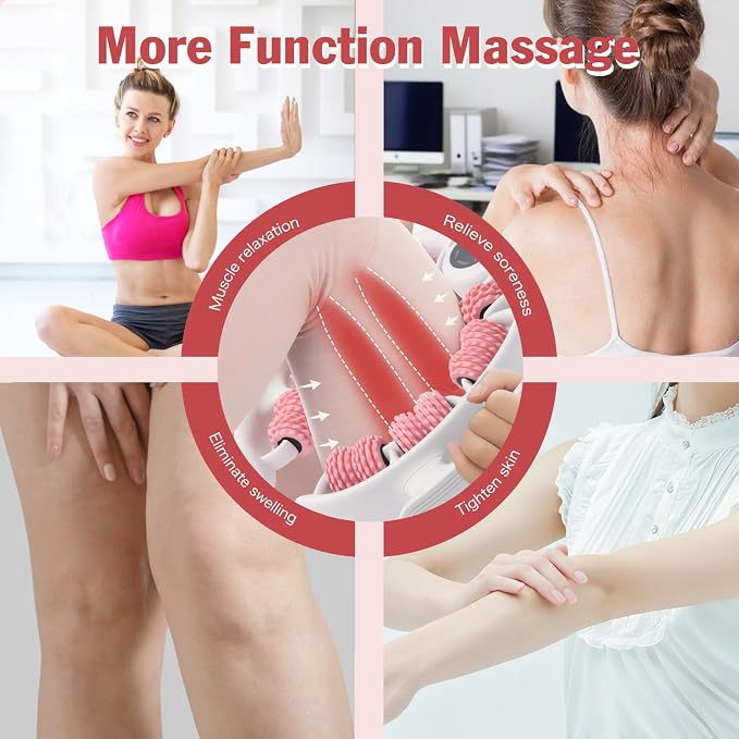 Cellulite Massage Tool Lymphatic Drainage Massager for Thighs & Legs & Buttocks, Anti Cellulite Roller with Detachable Handles Fascia Massage Tool for Contoured & Smoother Skin, White-Pink