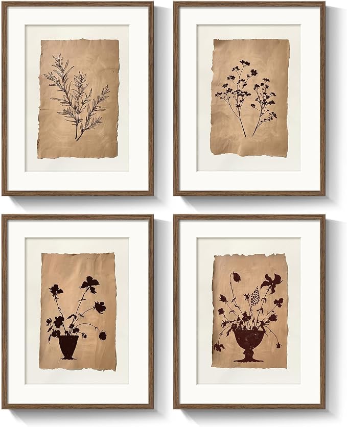 Framed Vintage Botanical Wall Art for Bathroom, Retro Brown Floral Prints Paintings, Neutral Rustic Minimalist Flowers Pictures for Bedroom Dining Room Kitchen Wall Decor, 11x14 Inch-4 Piece
