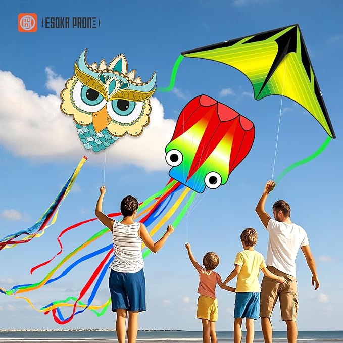 Kites for Kids & Adults,Large Kite for Beginners, Kites for Kids Ages 4-8,Outdoors Activities with Complete Handle, 328ft Kite String & Accessories (Blue Owl,Grassland,Octopus, 3)