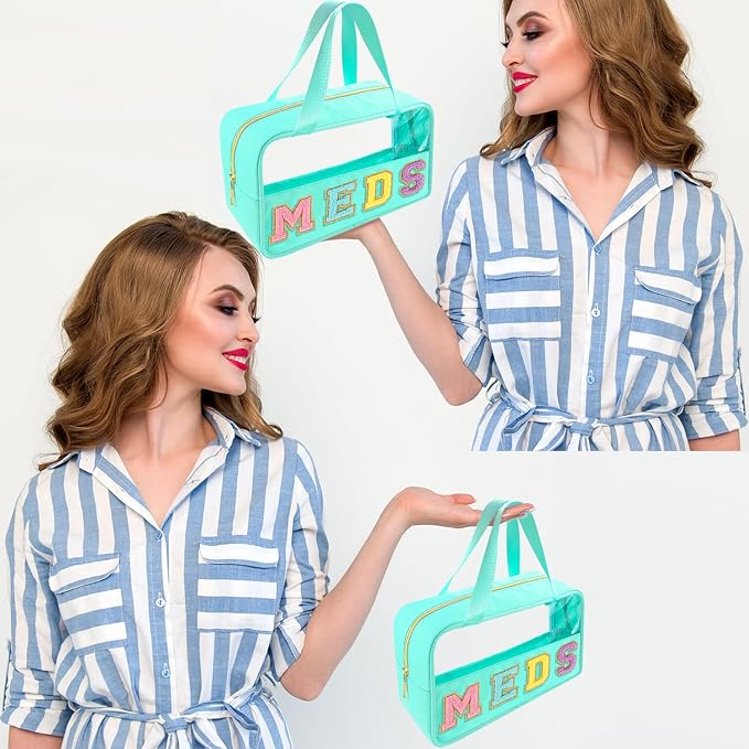 Bunliuys Chenille Letter Clear Makeup Bag Meds Patch, Travel Toiletry Makeup Bag with Handle, Nylon Waterproof Makeup Bags clear cosmetic bag, preppy patch makeup bag for Women (MEDS-Mint Green)