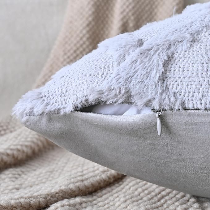 Set of 2 Soft Moroccan Throw Pillow Covers 22x22 Inch Plush Boho Decorative Pillow Cover Accent Cushion Case for Couch Sofa Bed, Grey