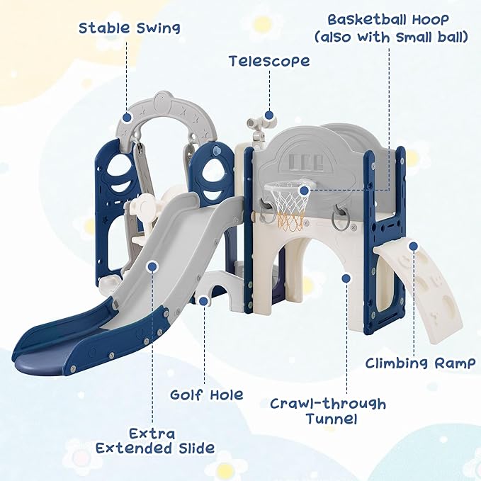 7-in-1 Kids Slide and Swing Set for Age 1-5 with Basketball Hoop Climbing Frame and Telescope,Indoor and Outdoor Playground Birthday Gifts for Boys Girls Grey+Blue