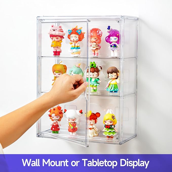 2 Pack Clear Display Case for Figures with Magnetic Door, Acrylic Display Cases for Collectibles, 3Tiers Acrylic Storage Organizers Box, Desktop or Wall-Mounted Showcase for Collectibles Action Figure