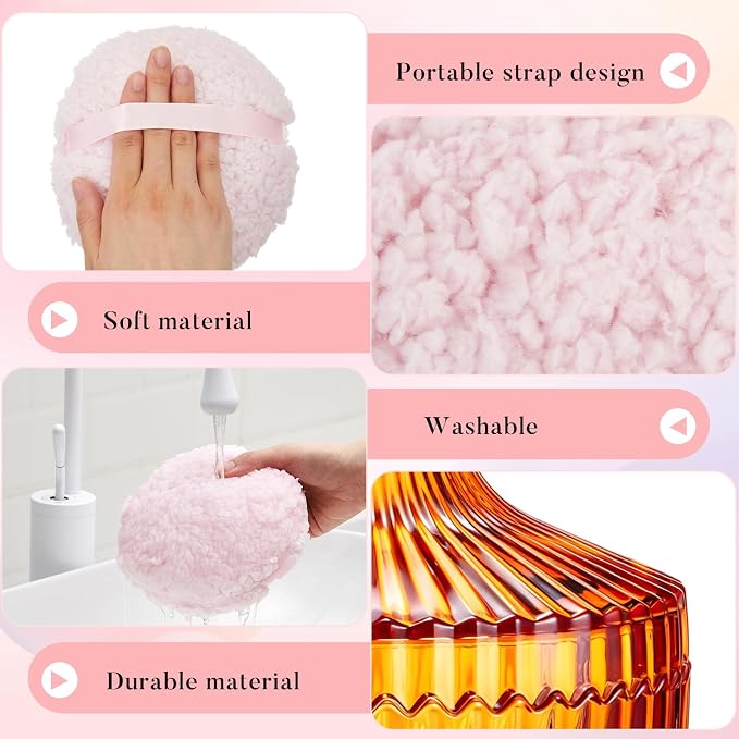 Tioncy 2 Pcs Extra Large Dusting Powder Puff and Container for Women-6'' Glass Crystal Dusting Powder Container with Body Soft Washable Reusable Velour Face(Orange,Classic)
