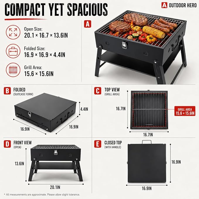 Portable BBQ Charcoal Camping Grill: Tabletop Folding Barbecue Grills | with Fire Starter Kit for Outdoor Cooking, Fathers Day Birthday Grilling Gift for Men Dad Husband