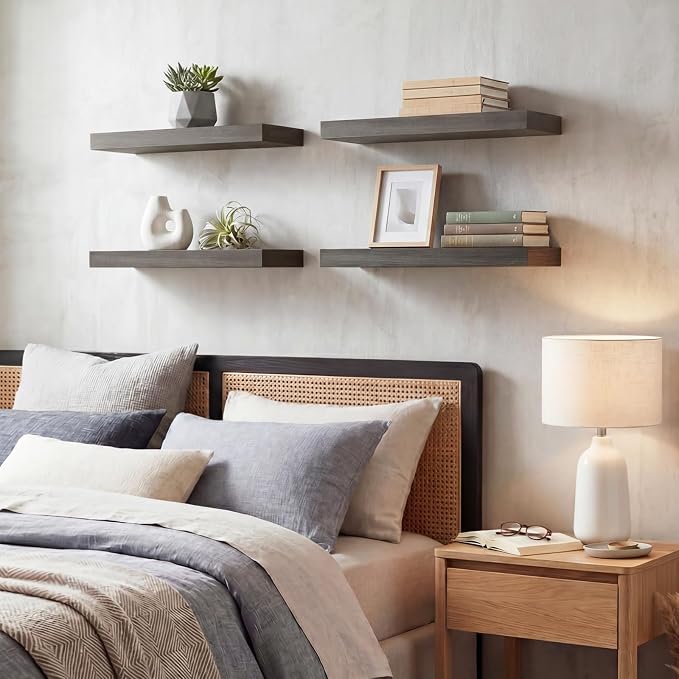 Fixwal 15.7in Floating Shelves, Rustic Wood Finish Wall Shelves Set of 4, Shelves for Wall Decor, with Invisible Brackets for Bathroom, Living Room,Bedroom and Kitchen(Gray)