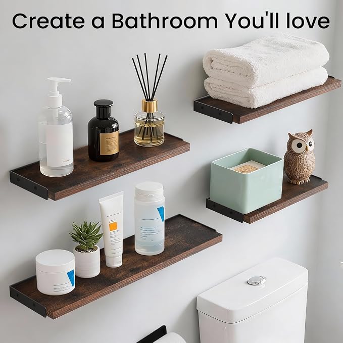 BAYKA Floating Shelves for Wall, Book Shelf for Bedroom, Decor Shelves for Living Room Kitchen, Mounted Wood Floating Shelf for Home Decor, Corner Shelf for Bathroom, Office(Dark Brown,Set of 4)
