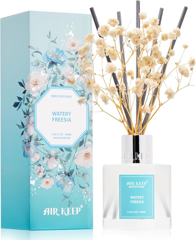 Airkeep Reed Diffuser Set,3.38 fl oz (100 ml) - Watery Freesia Oil Diffusers with 8 Reed Sticks, Home Fragrance Reed Diffuser for Bathroom Shelf Decor
