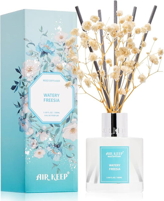 Airkeep Reed Diffuser Set,3.38 fl oz (100 ml) - Watery Freesia Oil Diffusers with 8 Reed Sticks, Home Fragrance Reed Diffuser for Bathroom Shelf Decor