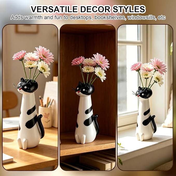 Cat Vase Planter, Cute Cat Figurine Flower Pot, Unique Decorative Resin Planter for Indoor Small Plants, Whimsical Desktop Ornament, Creative Housewarming Gift (Quirky Cat Vase)