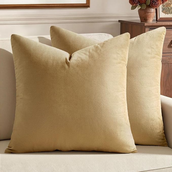 MIULEE Velvet Throw Pillow Covers 18x18 Inch Pack of 2 Khaki | Soft Solid Decorative Pillow Covers, Modern Luxury Home Decor, for Couch Chair Sofa Bedroom Livingroom
