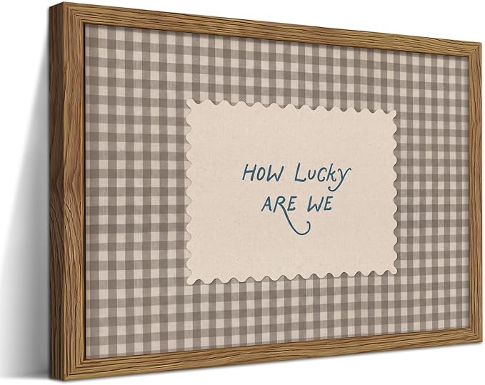 How Lucky Are We Wall Art, Vintage Gingham Inspirational Canvas Wall Decor Painting, Funky Preppy Stripe Quotes Poster Print Picture for Bedroom Dorm Apartment Decor 12x16 Inch Framed