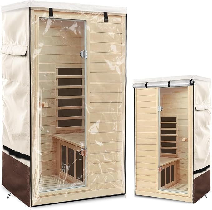 Outdoor Wood Sauna Cover,Sauna Covers with Separate Top Cover for Wood Home Spa Saunas,37" Lx29 Dx62 H with PVC Clear Door Design,Beige&Brown