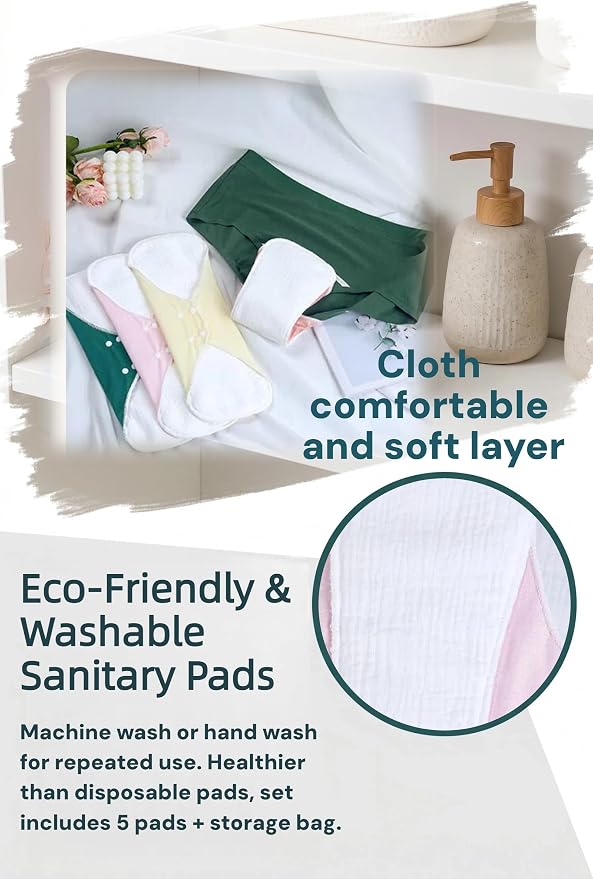 Washable Menstrual Pads,Reusable Incontinence Pads,Cloth Pads Sanitary Napkins,with 1 Storage Bag,Panty Liners/Cotton Pads Period for Women/Postpartum/Incontinence Patients(Pink/XL/5pcs)