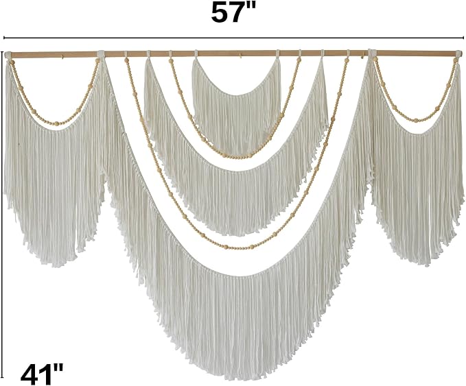 Macrame Wall Hanging Boho Yarn Art Tassel Beaded Handmade Decor 57"W*41"L | Fiber Wall Hanging, Large Wall Decor, Handmade Textile Art, Cotton Rope Craft, Beaded Tassel Accent, for Living Room Bedroom