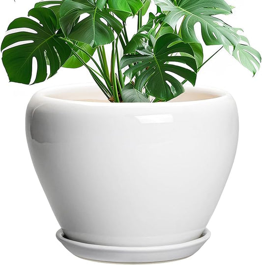 Ceramicfor Ceramic Pot for Plants - 10 Inch Planter with Drainage Hole and Saucer, Glaze Modern Round Flower Pot for Indoor Plants, Housewarming Gift, Home Decor, White