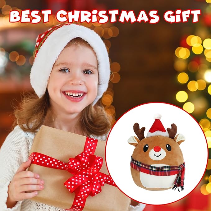 Stuffed Animal with Christmas Hat, The Red Nosed Reindeer Plush, Cute Plushies for Kids Christmas Decorations and Gifts (Reindeer)