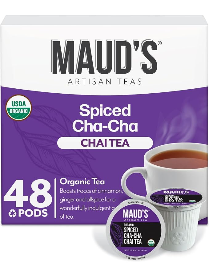 Maud's Organic Chai Tea Pods, 48 ct, Single Serve Tea Pods – 100% Gourmet Blended Tea Leaves, Compatible with Keurig K Cups Maker