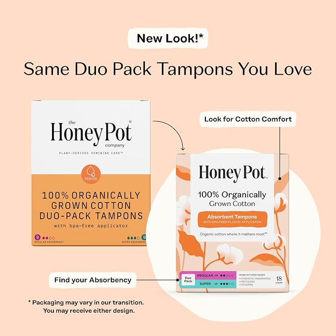 The Honey Pot Company - Multipack -100% Organic Cotton Core Tampons w/BPA-Free Plastic Applicator - Regular & Super Absorbency - Unscented - Feminine Care - 18 Count