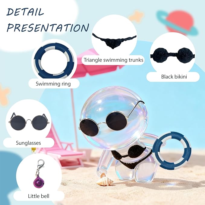 Black Bikini for 17cm Doll(No Dolls),5-Piece Set Includes Bikini, Sunglasses, red Swimming Ring and Bell, Swimsuit Accessories for Doll, hot Party Style, Summer Beach Style,Hand-Knitted Swimsuit