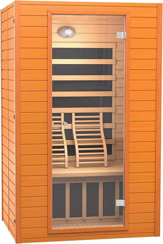 Real Relax Infrared Sauna, 2 Person Low EMF FAR Infrared Saunas for Home, Indoor Personal Canadian Hemlock Wood Sauna with 9 Chromo Therapy Lights, Bluetooth Speakers for Home & Gym Spa