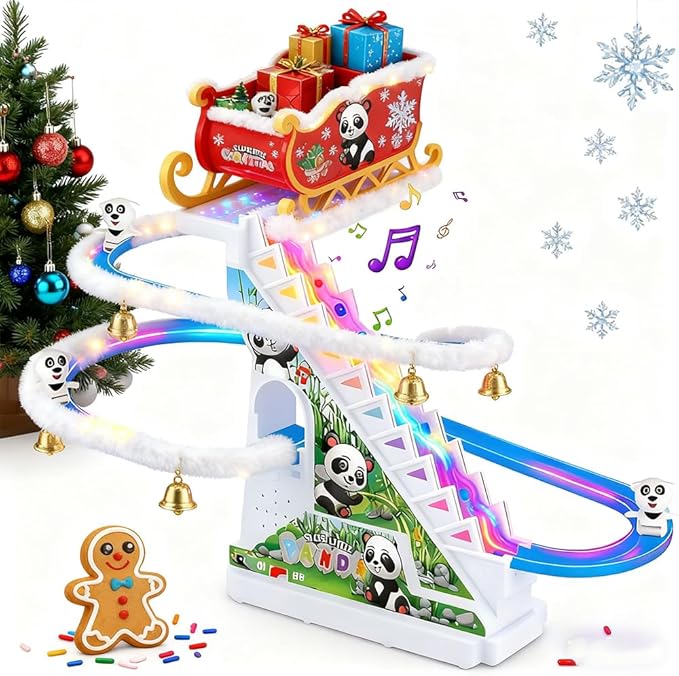 Panda Climbing Toy Set Electric Light Slide Climbing Toys for Automatic Stairs,Playful Santa Race Game Christmas Roller Climbing Toys with LED Light and Music for Toddlers Boys Girls