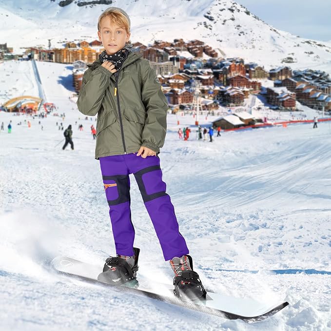 linlon Kids Boy's Snow Waterproof Pants Youth Fleece Lind Hiking Softshell Warm Insulated Trousers