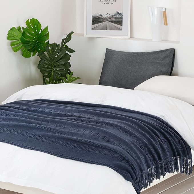 BOURINA Navy Throw Blanket 50x60 Inch Boho Knitted Soft Throw Sofa Blanket | Knitted Throw Blanket 50x60 Inches, Soft Lightweight Boho Weave Throw Decorative Couch Blanket for Living Room Bedroom Chair