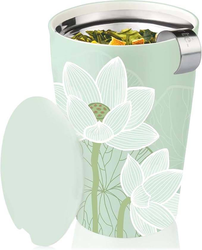 Tea Forte Double-Walled Ceramic Kati Cup, Removable Stainless Steel Infuser Basket and Lid, Steeps 12 oz Loose Leaf Tea, Dishwasher & Microwave Safe, Lotus Blossom
