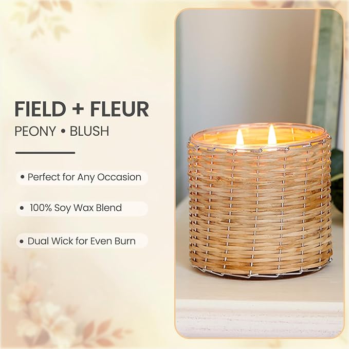Peony Blush Scented Candle – Luxury 12oz Soy Wax, 2-Wick Handwoven Glass Jar, Sandalwood,Pink Peppercorn with Rose Blooms & Jasmine– Santal Candle, 75+ Hour Clean Burn, USA Made
