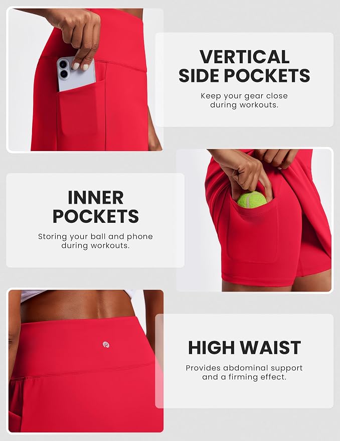 PINSPARK 19" Knee Length Skorts for Woman with Pockets UPF 50+ Golf Skirts | 4 Pockets, Built-in Shorts, High Waisted & Tummy Control, Moisture-wicking for Golf Athletic Tennis Workout Casual
