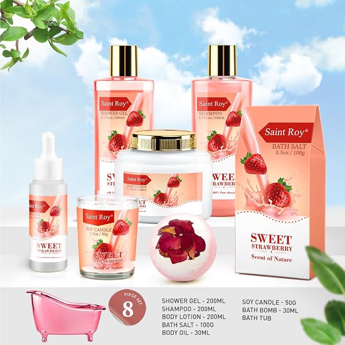 Spa Gift Basket, Spa Kit for Women, Bath & Body Gift Set, Home Spa Bath | Strawberry Scented Bath Gift Basket Set Christmas Gifts, Pamper Kit for Girls & Teens, Birthday Gift, Bath Self Care Gift