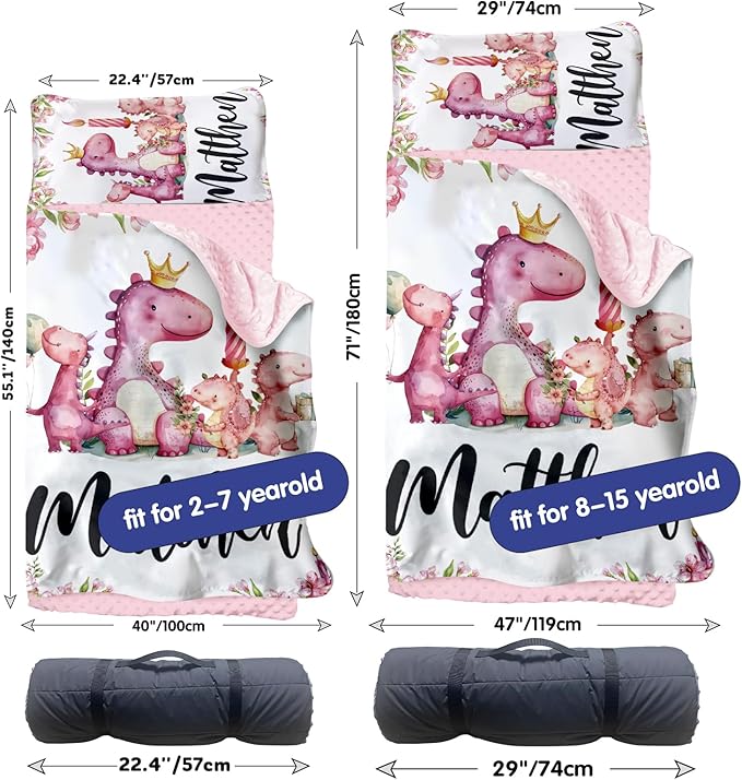 Personalized Toddler Nap Mat for Girls – Custom Name Kids Nap Mat – Daycare Sleeping Mats with Removable Pillow and Soft Minky Dot Blanket for Preschool, Travel, Kindergarten
