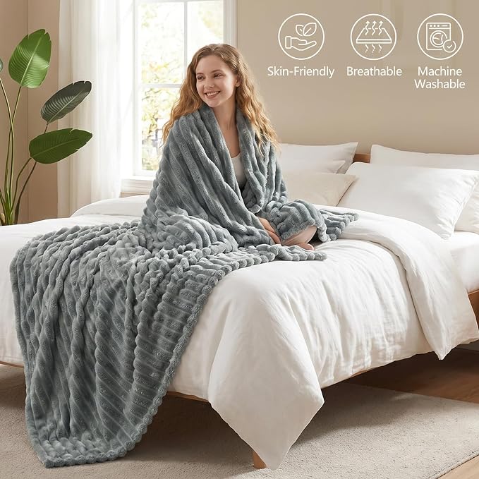 Gray Blankets Queen Size for Bed, 90 x 90 Inch | 300GSM Ribbed Fleece Blanket, Soft, Cozy & Lightweight, OEKO-TEX Certified, All-Season for Bedrooms, Guest Rooms & Gifting