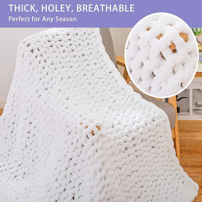 Bigacogo Chunky Knit Throw Blanket for Couch, 80x90 inches, Pure White | Hand Knit with Jumbo Chenille, Soft Breathable Cable Knit for Sofa Bed Living Room, Machine Washable, Gift for Mom Friend