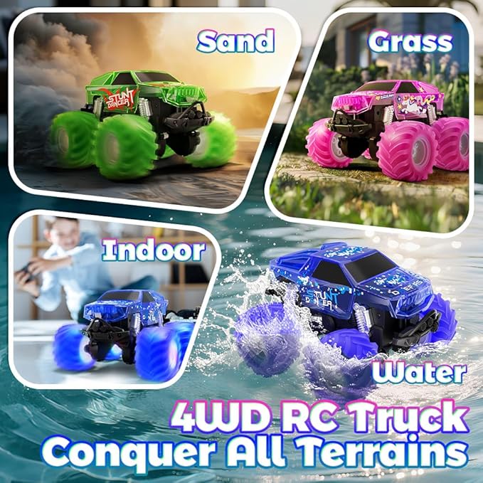 Drefirsa Amphibious Monster Truck Toy, Waterproof Remote Control Car, 4WD Off-Road RC Truck with Colorful Light, RC Stunt Car Toy for 4-7 8-12 Year Boy Birthday Gift Present