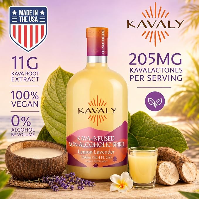 Kavaly Non Alcoholic Kava Drink, Premium Alcohol Free Kava Infused Spirit for Mocktails and Mixed Drink Recipes, Alcohol Alternative with 205mg Kavalactones, Low Calories, Lemon Lavender Flavor, 750ml