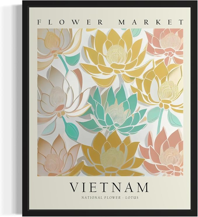 Vietnam Flower Market Art Print Poster, Wall Art Floral Painting Botanical Decor for Bedroom, Kitchen, Bathroom Livingroom Decoration 82B (Vietnam,10"L x 8"W, Black Frame)
