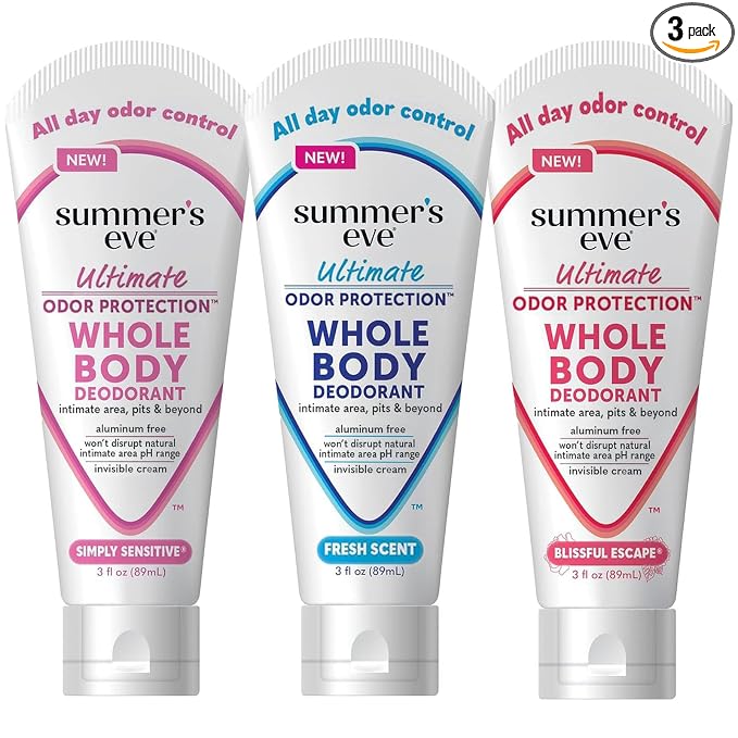 Summer's Eve, Whole Body Deodorant for Women, Ultimate Odor Control, Aluminum Free Deodorant, 3 Fl Oz; Simply Sensitive, Blissful Escape, & Fresh Scent