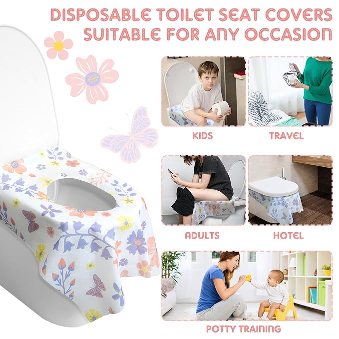 Preboun 40 Pack Toilet Seat Covers Disposable for Kids Extra Large Waterproof Toilet Seat Covers Toddler Potty Training Liners Individually Wrapped for Travel Public Restroom Essentials, Flower Design