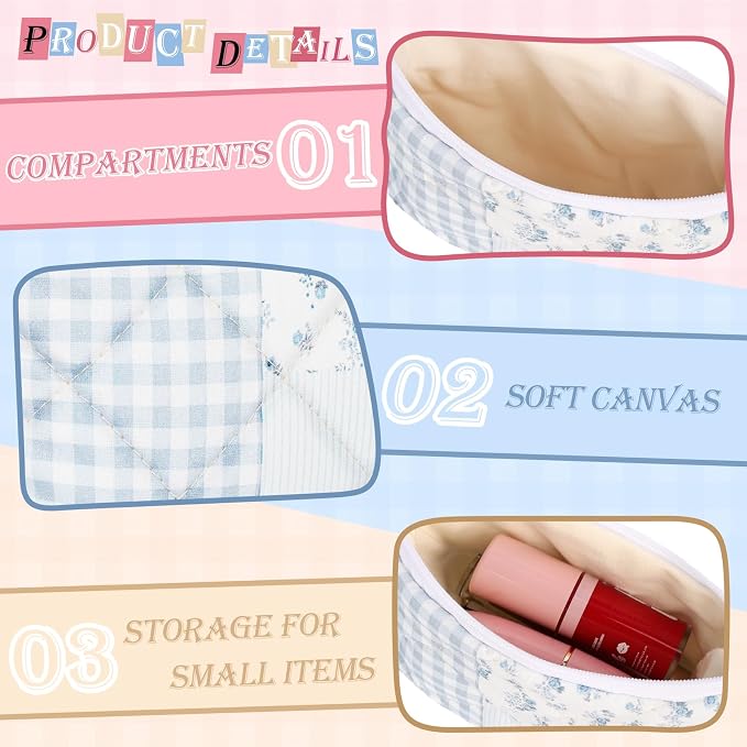 Quilted Mini Cotton Makeup Bag, Small Floral Cosmetic Bag for Purse, Portable XS Travel Makeup Pouch for Daily Use, Travel (Green+Pink Floral)